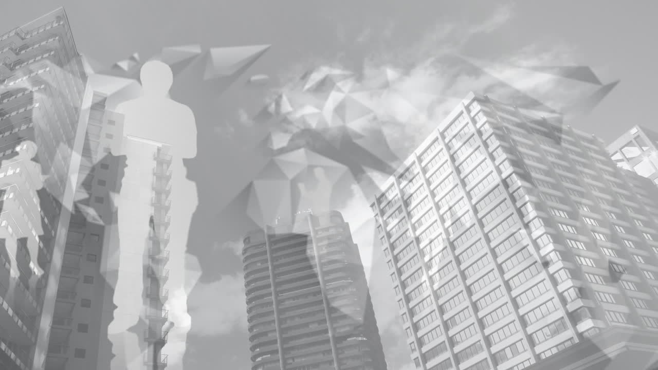 건물의 낮은 각도 시야에서 사람들의  그림자와 추상적인 패턴의 애니메이션.