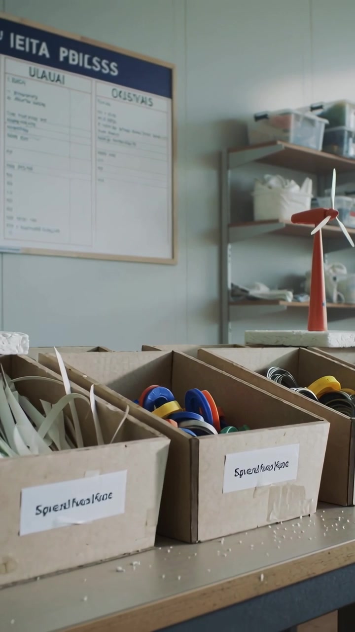 Vertical video: Panning camera revealing labeled boxes on makerspace bench, showing turbine models