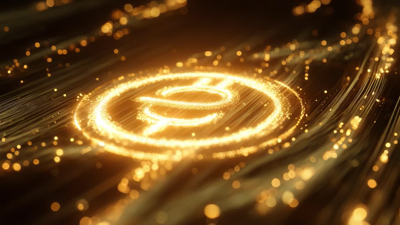 Luminous golden particles forming a glowing caduceus symbol, representing medicine, healthcare, and healing, flowing through a dark, abstract background with streams of light and bokeh