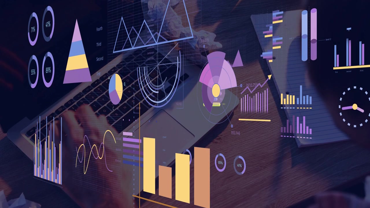 Man tapping tablet then typing on keyboard, updating dashboard charts, animating data for business