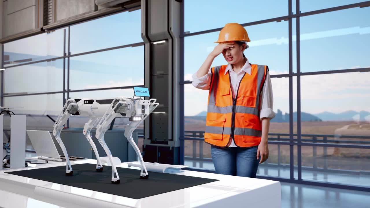 cuerpo lleno de ingeniera asiática con casco de seguridad que tiene dolor de cabeza mientras trabaja en una fábrica de alta tecnología, analizando el concepto de máquina robótica