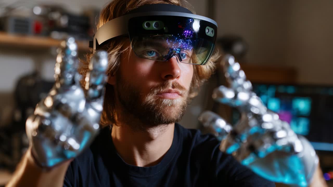 Exploring the Future of Technology: A Young Innovator Engages with Mixed Reality While Wearing VR Glasses and Metallic Glove Interfaces, Demonstrating Cutting-Edge Interaction and Digital Creativity