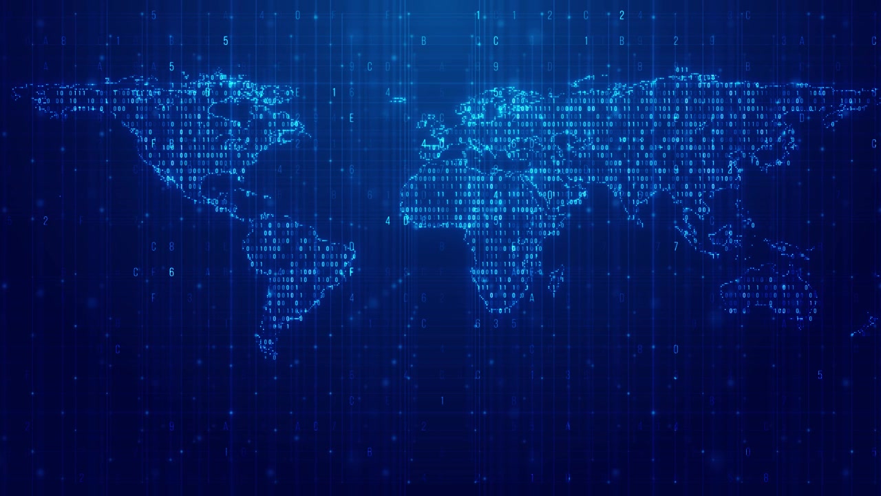 Digital code world map visual with cyan binary continents blue grid falling symbols and data network