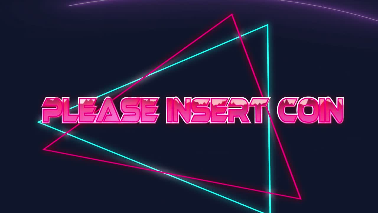 Animazione del testo "inserire moneta" su forme al neon su sfondo nero