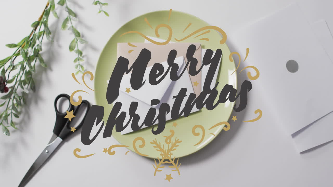 Animation of merry christmas text and envelopes on plate on white background