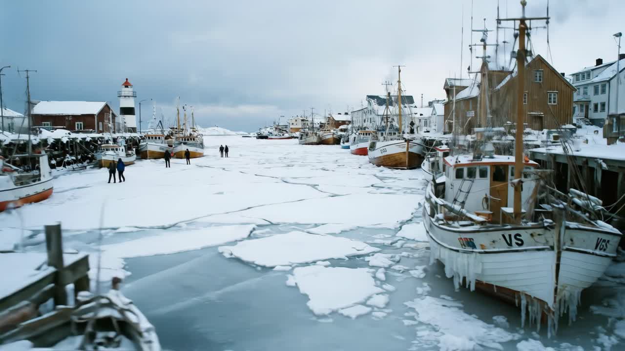 Folk som går på frossen havn med fiskebåter i snødekt vinterlandsby