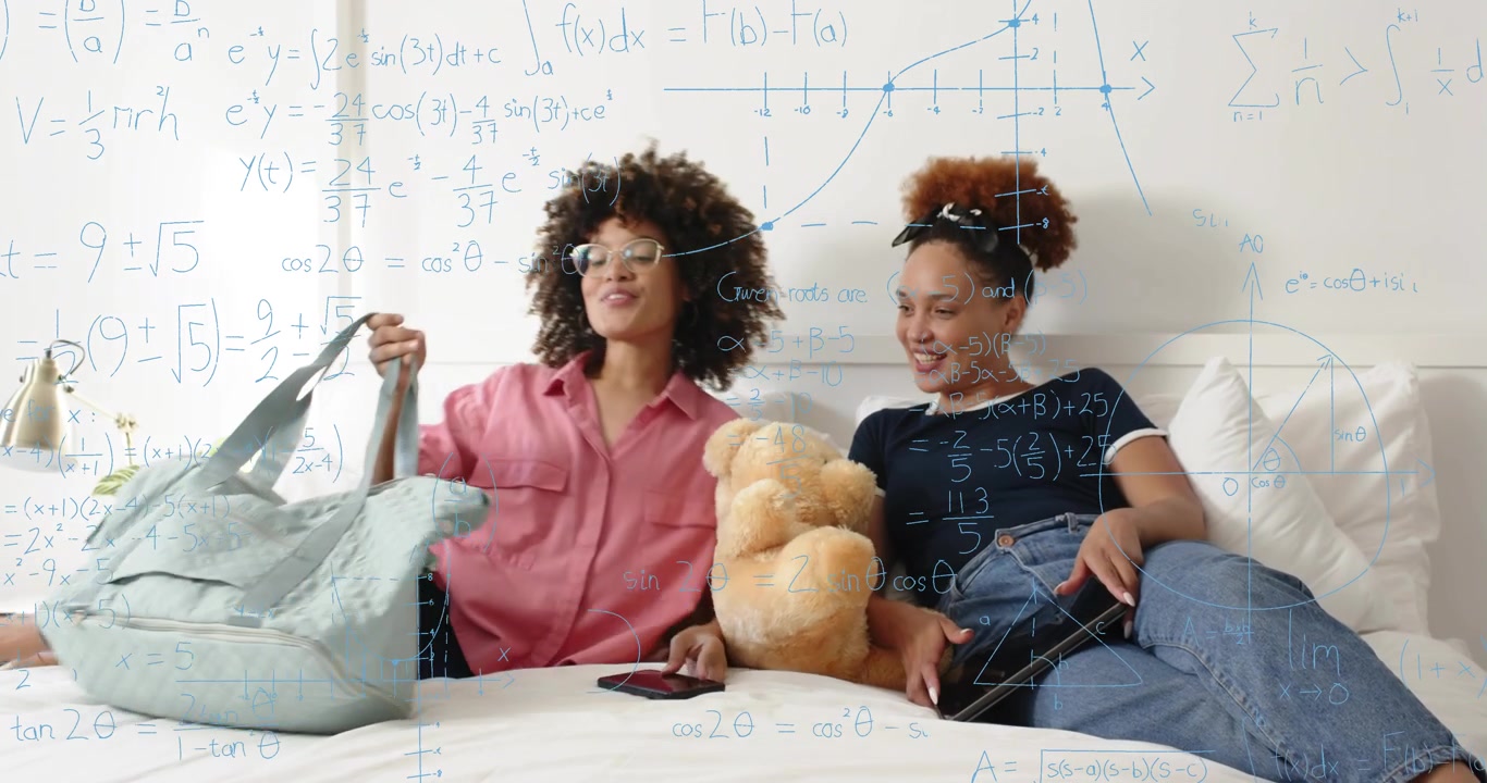 Woman tapping tablet showing math education formulas friend opening duffel revealing teddy smiling