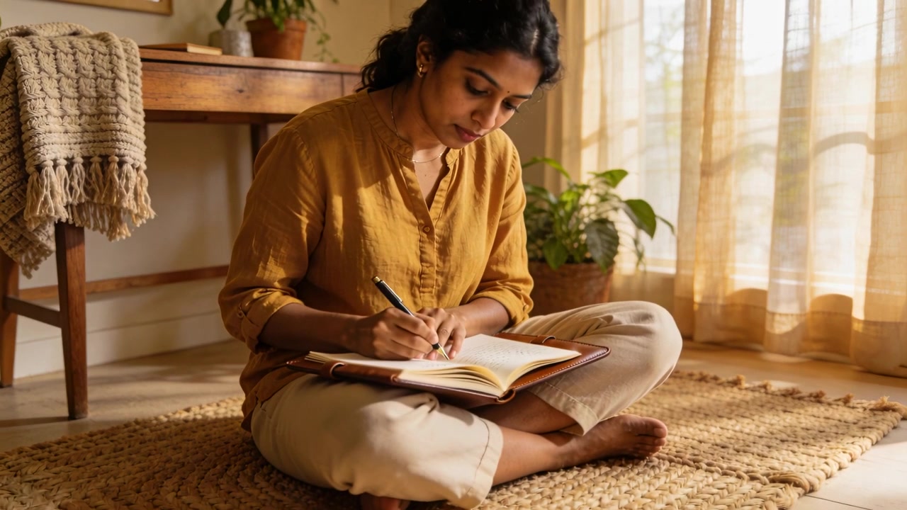 Opening journal, Indian woman in mustard blouse journaling on woven rug with pen by window