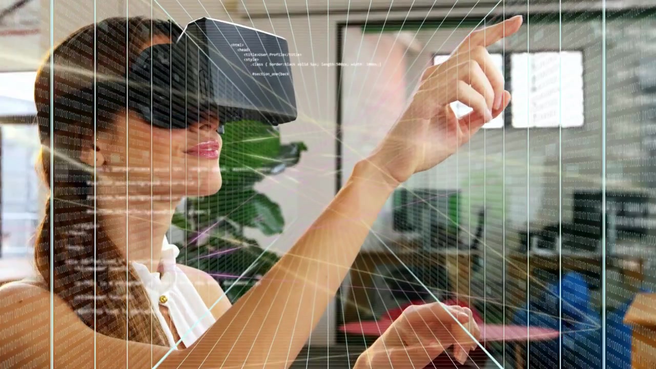 Vertikal video: Kvinde i VR løfter fingeren, gitteroverlejring vises, vælger diagrammer til en teknisk demo