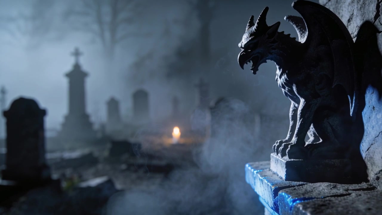 Telecamera in panning che mostra un gargoyle intagliato su una sporgenza in un cimitero nebbioso, con una candela tremolante e spazio per il testo.