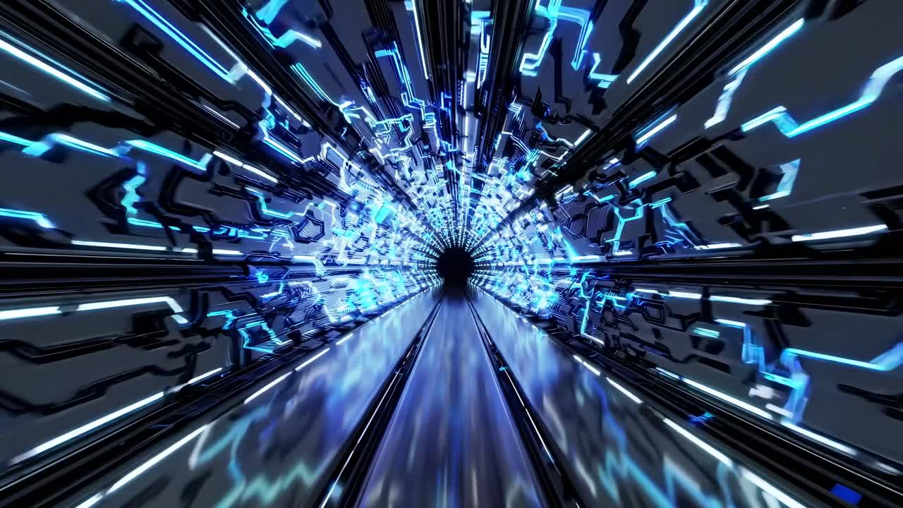 Futuristic tunnel with glowing blue circuits, captured from a first-person perspective