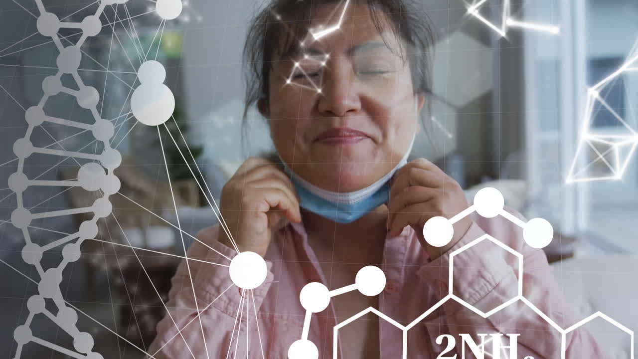 dna鎖と化学化合物のアニメーション 幸せな双人女性が顔のマスクを外す