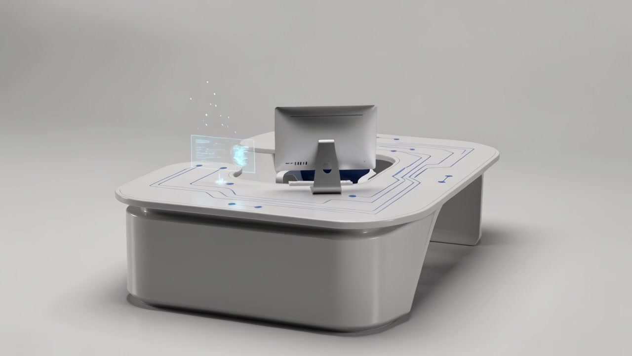 Revealing L-shaped desk raising hologram from recessed slot in studio with blue chair showcasing