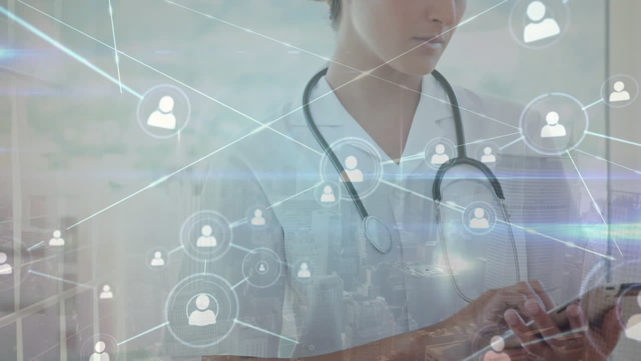 animación de la red de conexiones a través de una doctora caucásica que usa una tableta en el hospital