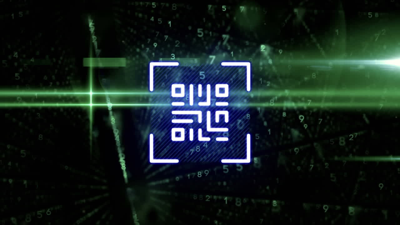 Digital animation of glowing neon blue qr code against rows of changing numbers on green background