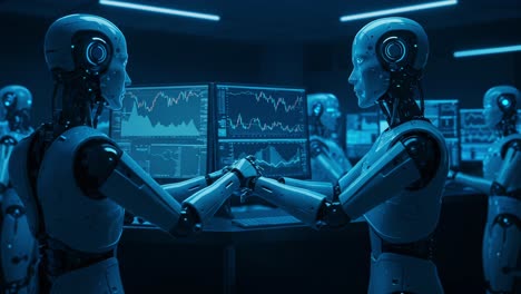a futuristic scene of advanced robots analyzing data on multiple monitors in a high-tech environment, showcasing human-machine interaction and artificial intelligence insights