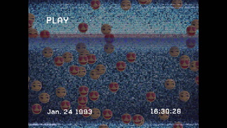 animación digital de vhs efecto de falla sobre varios emojis de cara flotando contra el efecto estático de la televisión