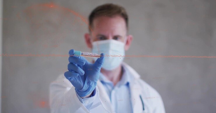 Medical professional raising test tube for analysis and displaying lab fluid with red waveform
