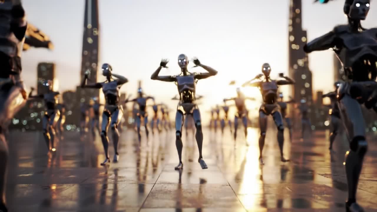 A mesmerizing display of dancing robots captivates the audience as they perform synchronized movements against a stunning urban skyline at sunset