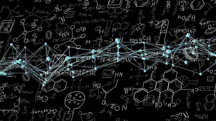 Animation von DNA-Strang und chemischen Strukturen auf schwarzem Hintergrund