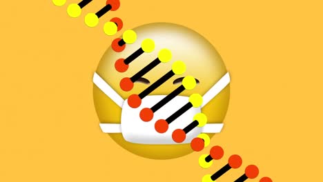 Digitale-Animation-Der-DNA-Struktur,-Die-Sich-über-Dem-Gesicht-Mit-Masken-Emoji-Auf-Gelbem-Hintergrund-Dreht