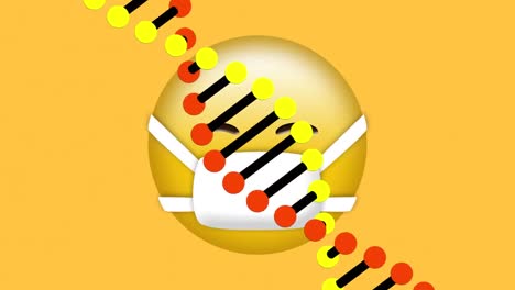 digital animation of dna structure spinning over face wearing mask emoji on yellow background