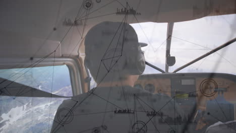 animation of network of connections and statistics over pilot in airplane