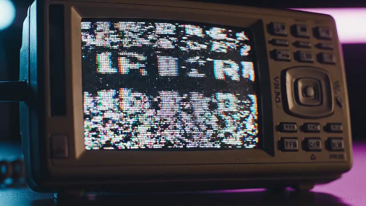 Retro Monitor Displaying Glitching Static and Corrupted Text