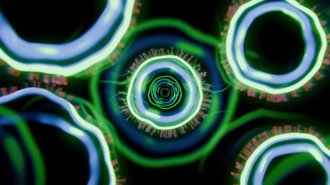 Un brillante sistema di anelli centrale mostra un bordo esterno verde neon, bande interne ciano pallido e delicati filamenti radiali con punte rosa, formando un motivo astratto microscopico futuristico su sfondo nero.