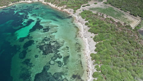 A-beautiful-sardinian-coastline-with-clear-turquoise-water-and-lush-greenery,-aerial-view