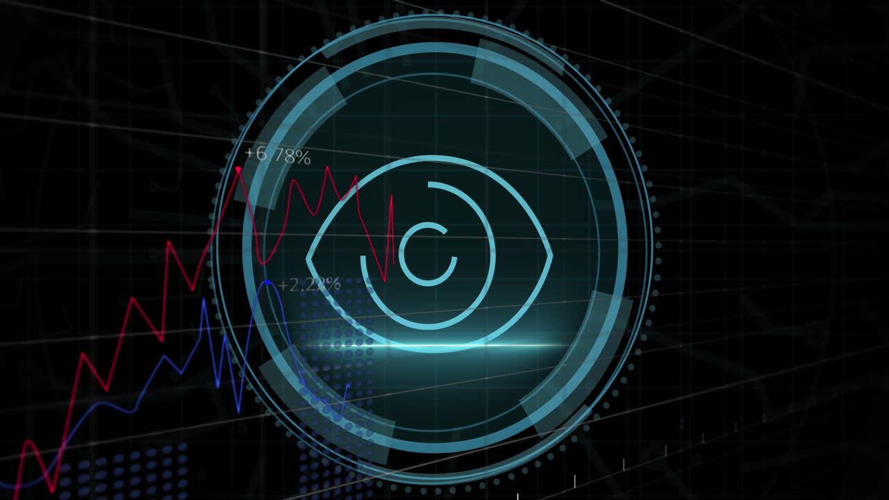 animación del icono digital del ojo y procesamiento de datos sobre fondo negro.