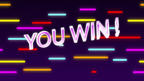 animation of you win text in glowing white and purple over neon lines on dark background