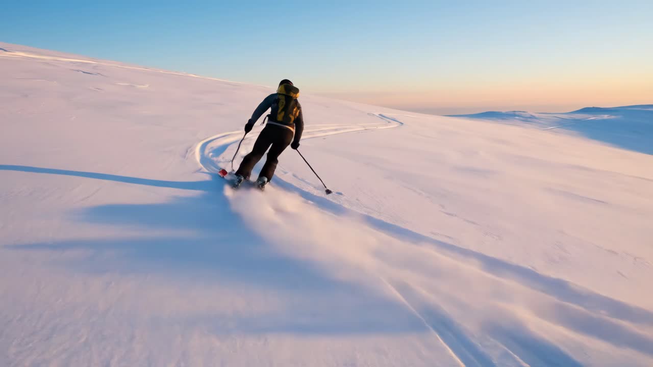 Sciatore che scolpisce le curve su una montagna innevata al tramonto