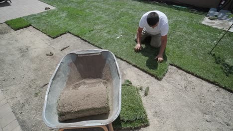 jardinero colocando césped en el patio privado con valla de madera