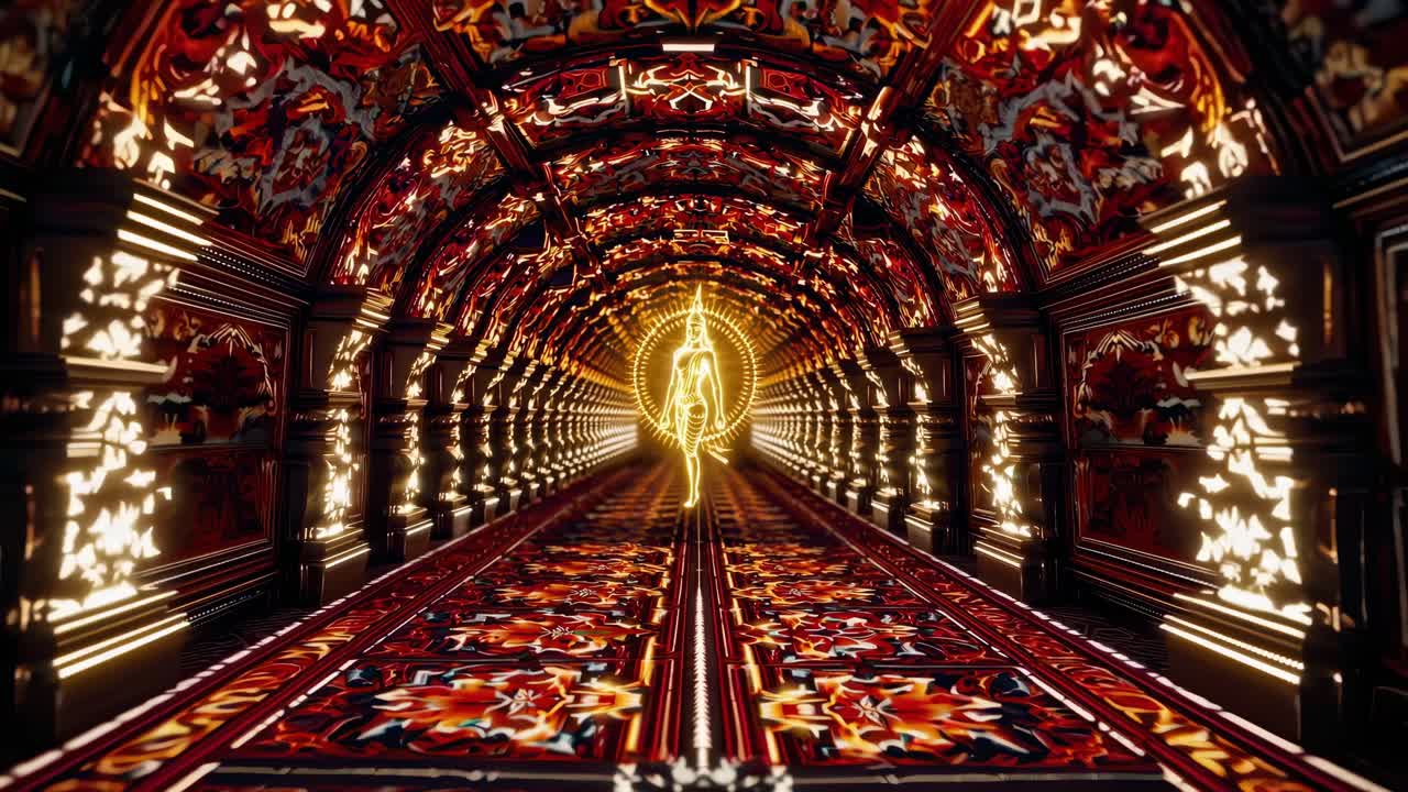 Luminous humanoid silhouette traversing elaborate hallway, radiant illumination highlighting geometric wall patterns suggesting advanced technological environment