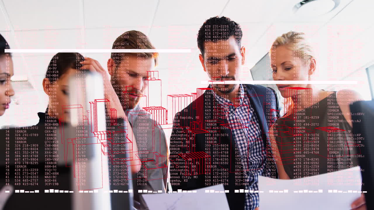 animación de un modelo de ciudad en 3d girando contra diversos empresarios discutiendo juntos en la oficina