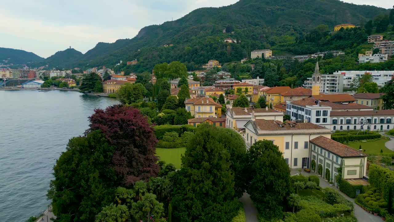 4K Aerial Drone Video of the Beautiful Lakeside Gardens of Villas on Lake Como, Italy in the Summer