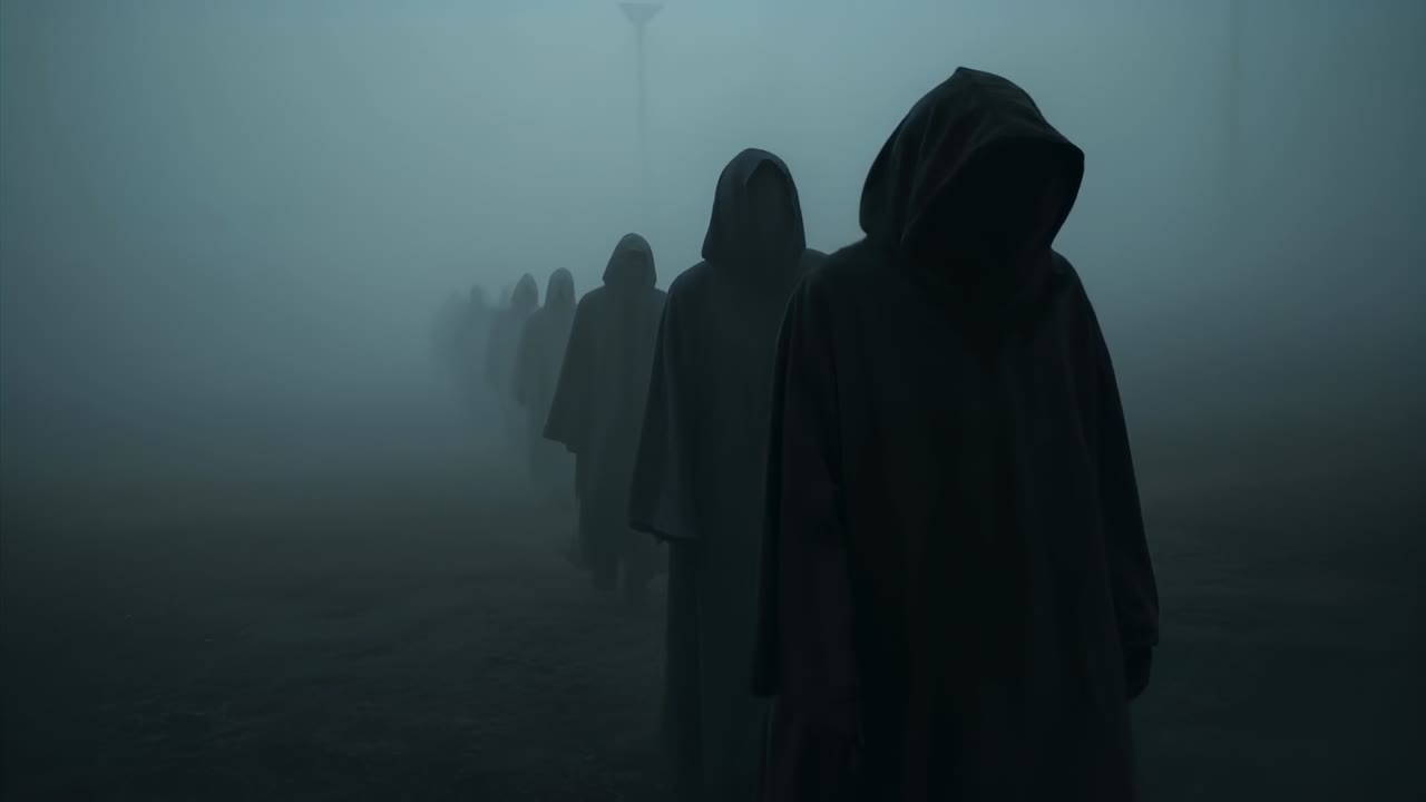 Emergendo dalla nebbia, un leader incappucciato attraversa un campo guidando una fila di figure in tunica per un rituale, spazio per il testo