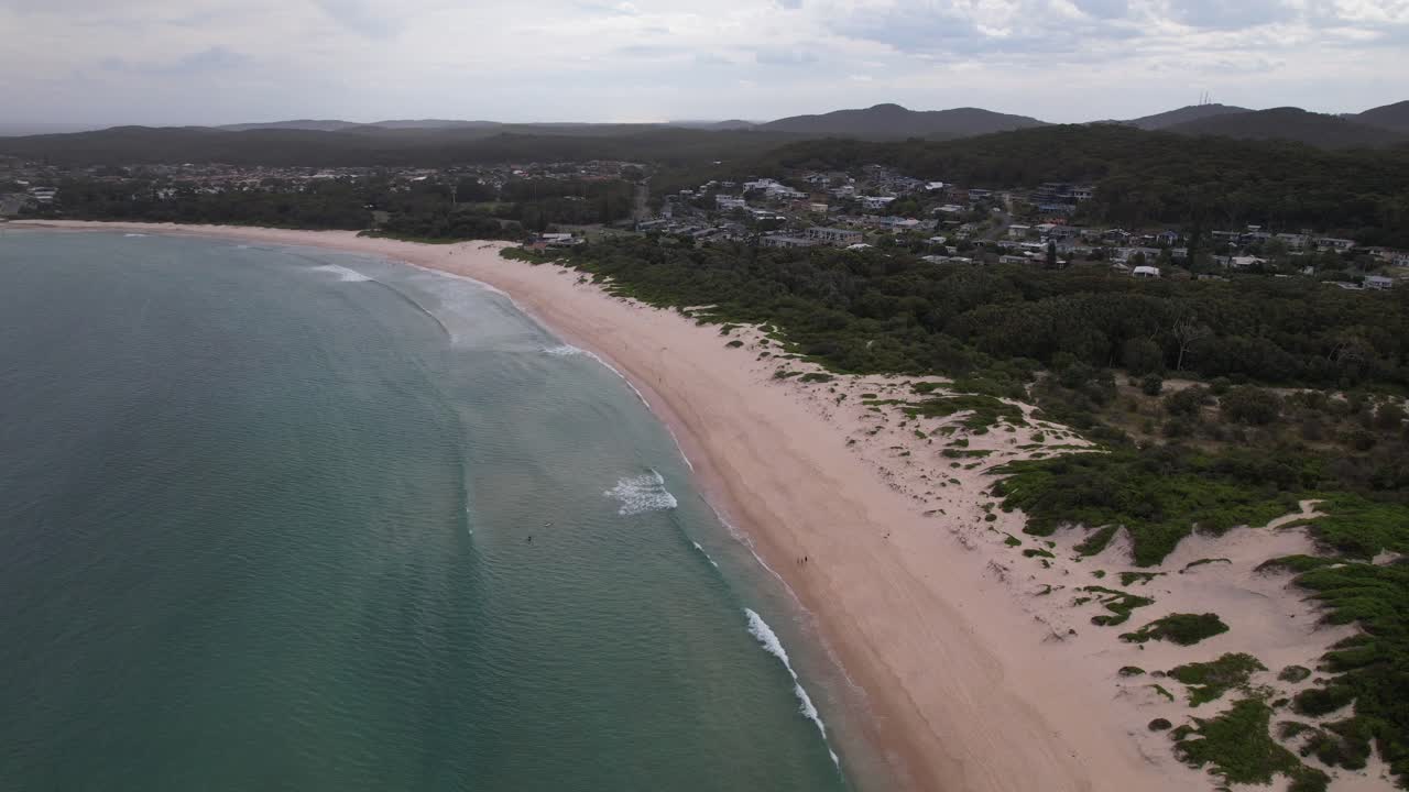 Scenic Ocean And Beach, Fingal Bay In New South Wales, Australia - Aerial Shot