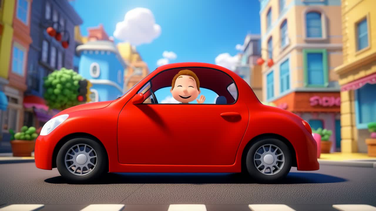 A vibrant animated video scene of a smiling character in a red car, captured from a low angle, set