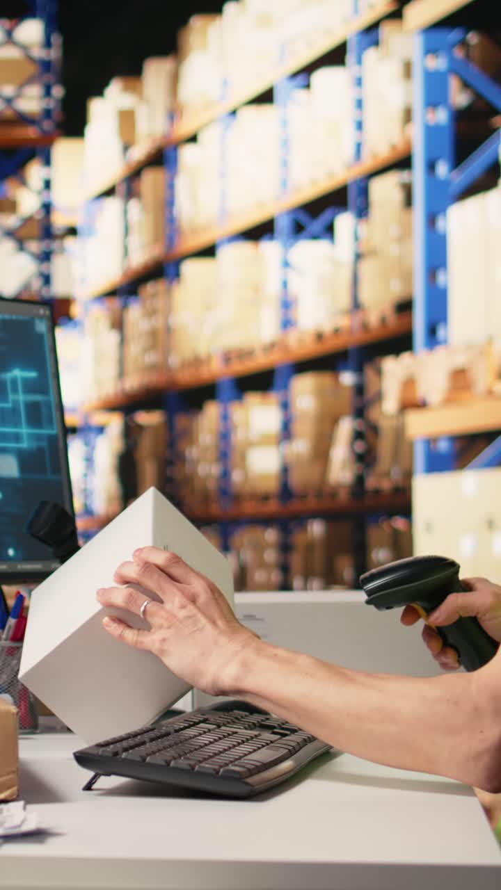 Vertical Video Asian male worker using artificial intelligence brain to scan barcodes