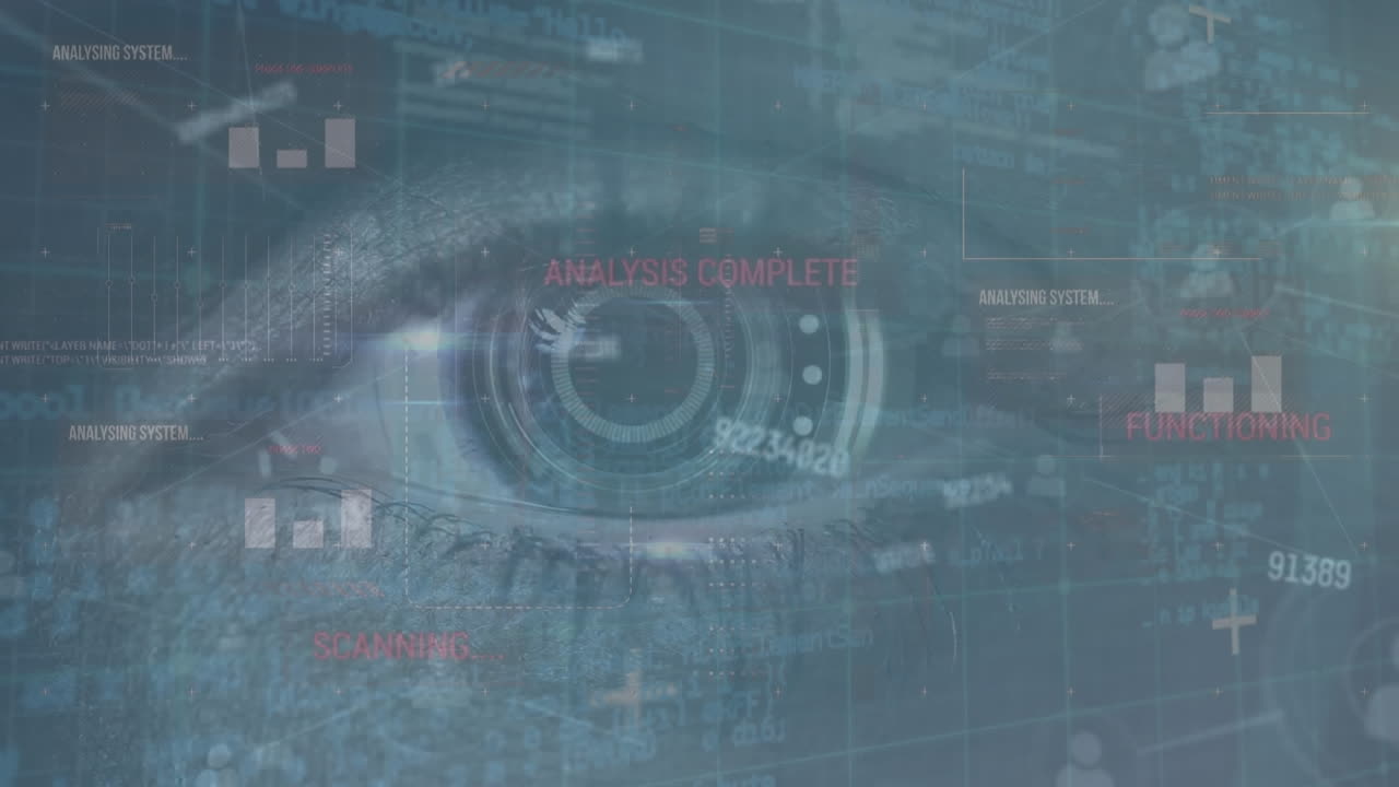 Animation of data processing over caucasian female's eye