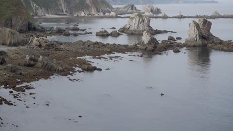 rocky shoreline with sea stacks at low tide, silence beach, asturias, spain
