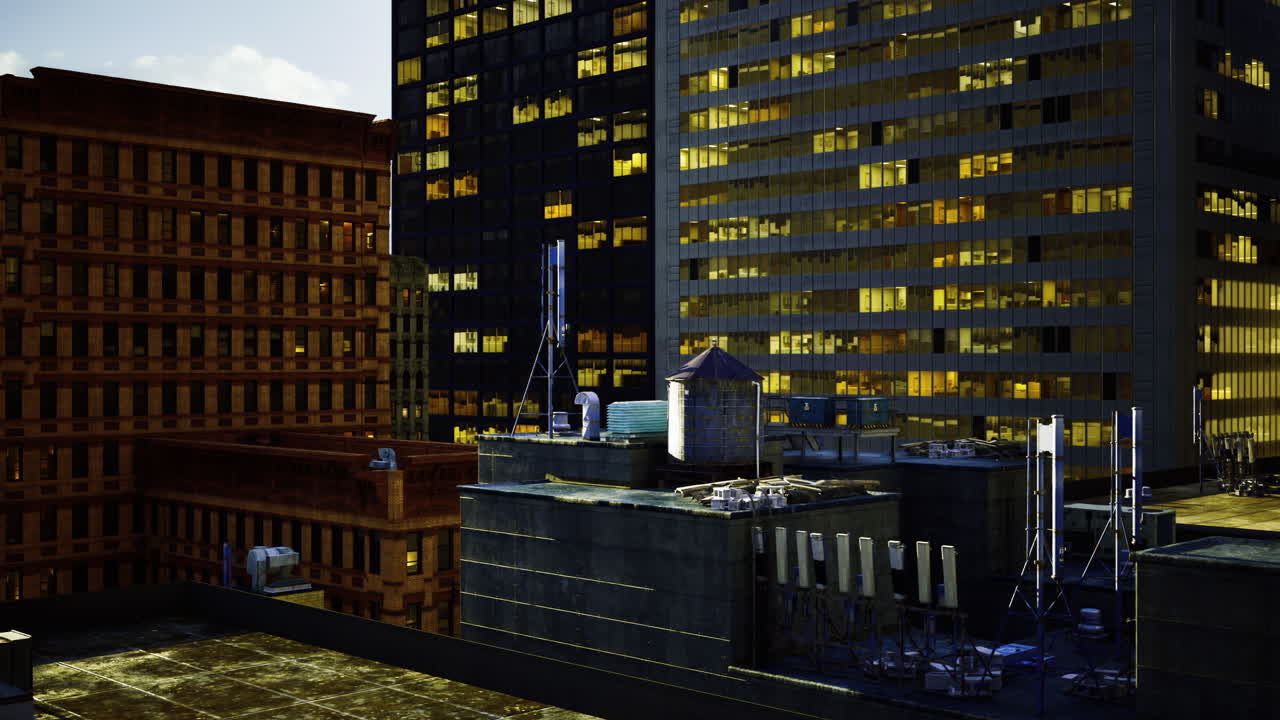 City skyline at dusk with illuminated buildings and rooftop details