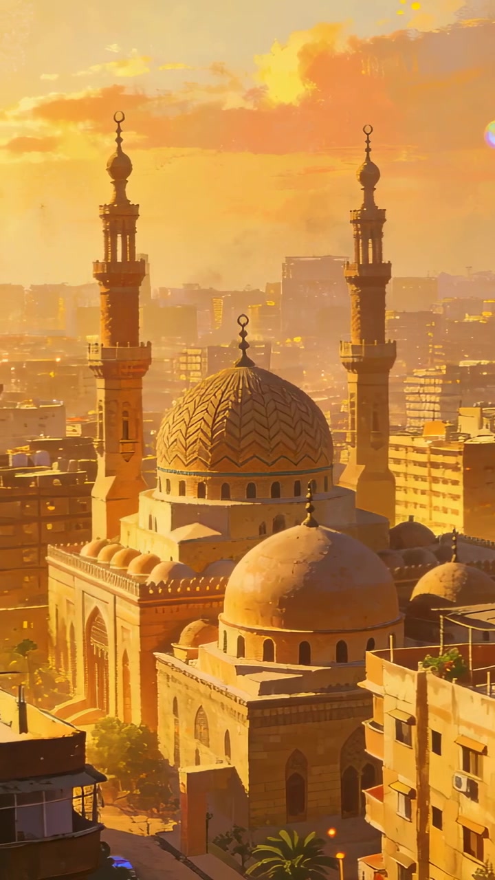 Video verticale: Panoramica che avvicina una moschea nello skyline della città, mostrando una cupola ornata e minareti.