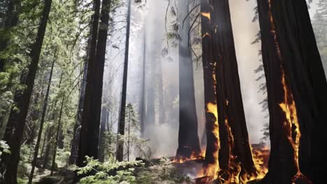 a stunning visual of a forest fire: majestic trees surrounded by flames and smoke, showcasing the intensity and impact of wildfires in nature