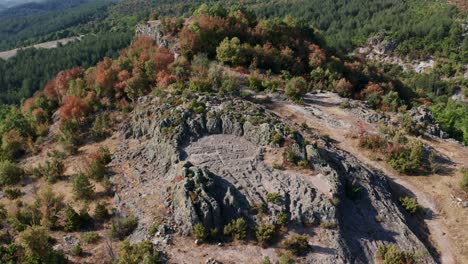 Aerial-View-Of-Harman-Kaya-During-Autumn-In-Rhodope-Mountain,-Bivolyane,-Bulgaria