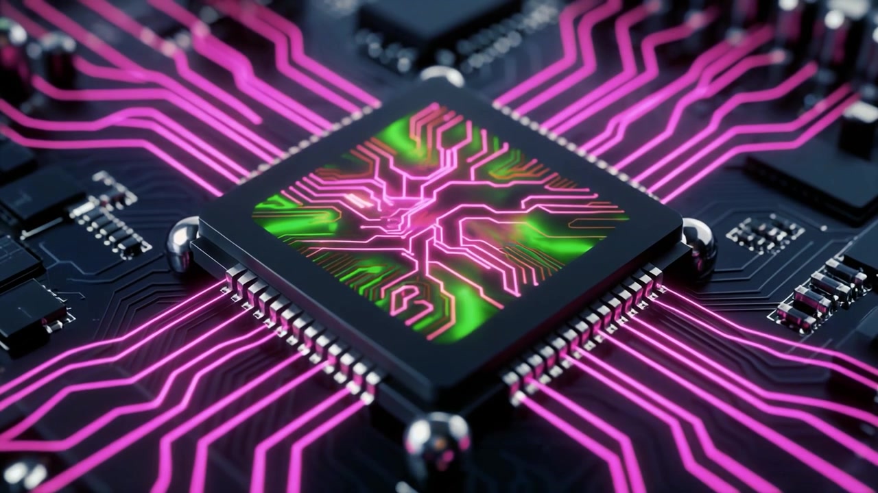 Digital Processor Chip with Glowing Data Flow on Circuit Board