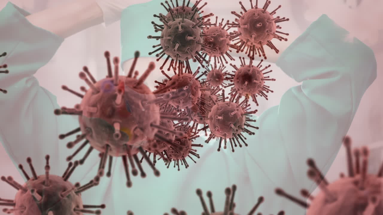 Animation of covid 19 cells floating over surgeon in face mask
