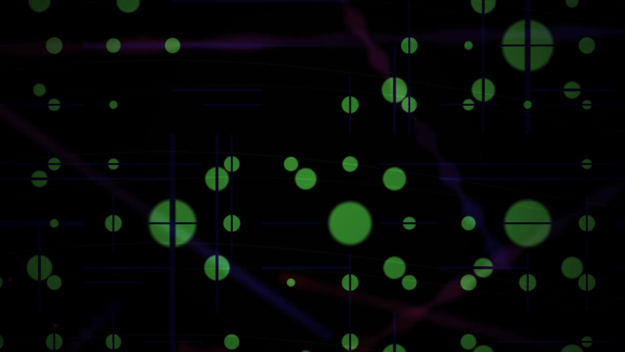 Abstract Digital Grid with Green Circles, Blue Lines, and Moving Light Streaks